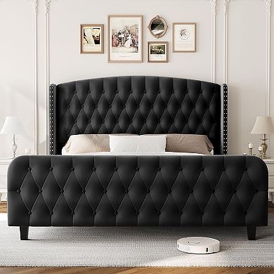 51 in Tall Bed Frame with Deep Button Tufted Wingback Black