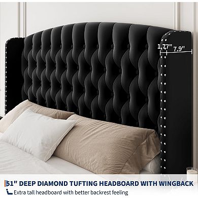 51 in Tall Bed Frame with Deep Button Tufted Wingback Black