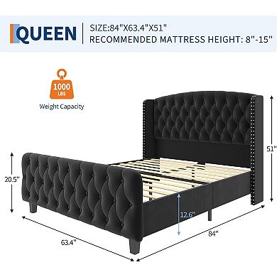 51 in Tall Bed Frame with Deep Button Tufted Wingback Black
