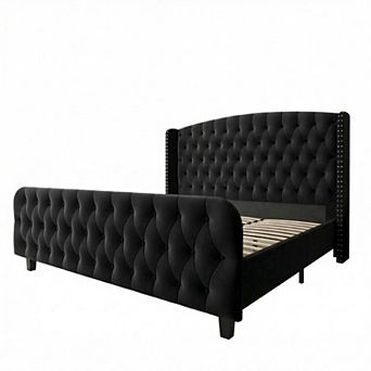 51 in Tall Bed Frame with Deep Button Tufted Wingback Black