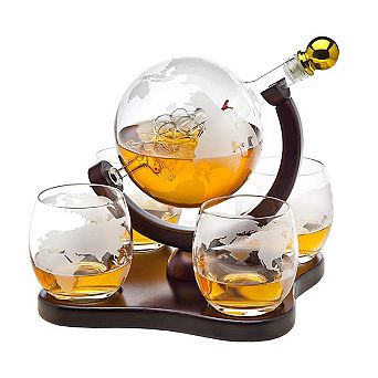 Globe Decanter Set with Etched Glasses Gift for Men 850ml 4glasses 300ml