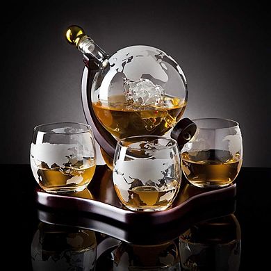 Globe Decanter Set with Etched Glasses Gift for Men 850ml 4glasses 300ml