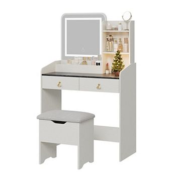 Vanity Desk with Light Mirror and Charging Station, Small Makeup Vanities Set with Drawer and Stool