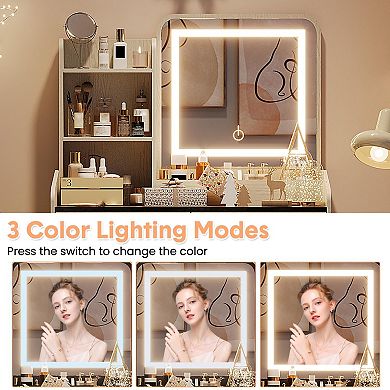 Vanity Desk with Light Mirror and Charging Station, Small Makeup Vanities Set with Drawer and Stool