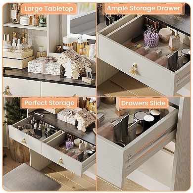 Vanity Desk with Light Mirror and Charging Station, Small Makeup Vanities Set with Drawer and Stool