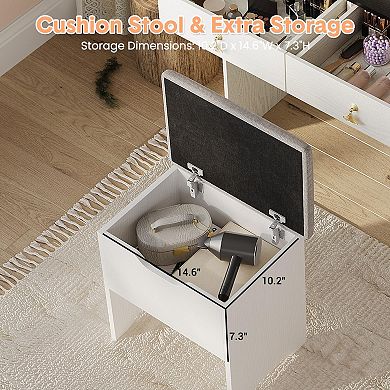 Vanity Desk with Light Mirror and Charging Station, Small Makeup Vanities Set with Drawer and Stool