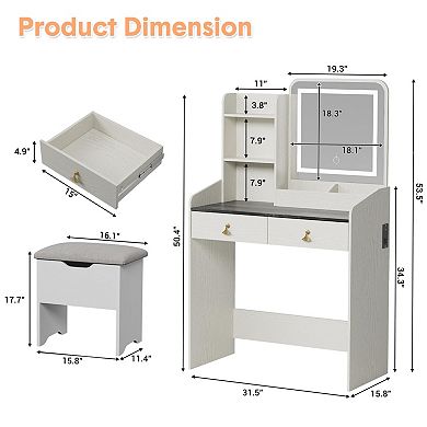 Vanity Desk with Light Mirror and Charging Station, Small Makeup Vanities Set with Drawer and Stool