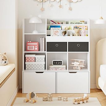 Toy Storage Organizer, Kids Bookshelf with Drawers, Modern Bookcase with Cubbies