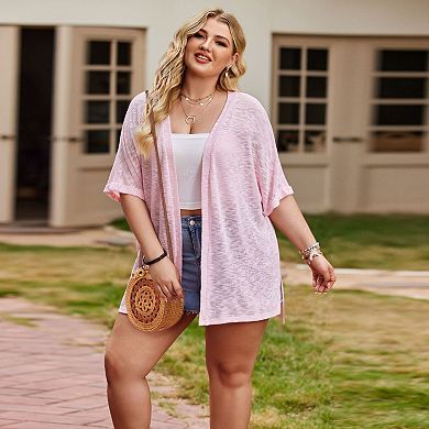 Womens Plus Size Cardigan Short Sleeve Knit Cover Ups Loose Open Front Lightweight Sweaters