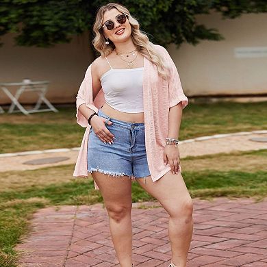 Womens Plus Size Cardigan Short Sleeve Knit Cover Ups Loose Open Front Lightweight Sweaters