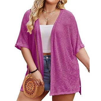 Womens Plus Size Cardigan Short Sleeve Knit Cover Ups Loose Open Front Lightweight Sweaters