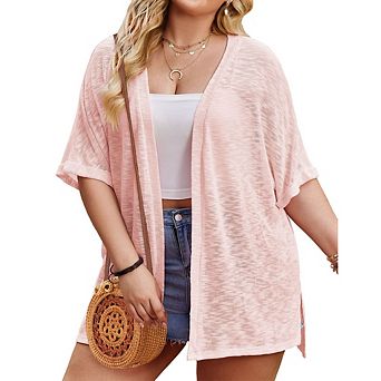 Womens Plus Size Cardigan Short Sleeve Knit Cover Ups Loose Open Front Lightweight Sweaters