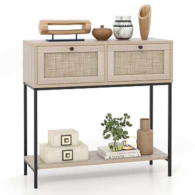 Rattan Console Table Boho Entryway Table with 2 Rattan Drawers and Open Storage Shelf-Oak