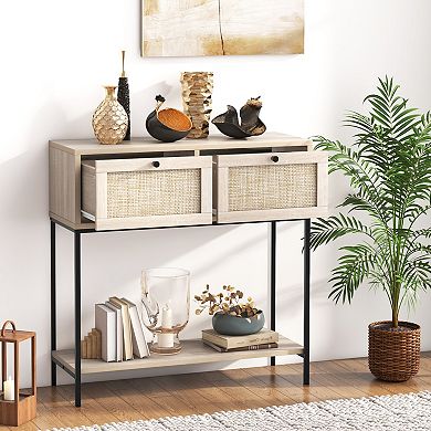 Rattan Console Table Boho Entryway Table with 2 Rattan Drawers and Open Storage Shelf-Oak