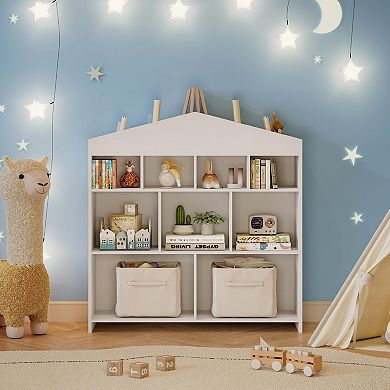 Toy Storage Organizer, 9 Cubby Kids Bookshelf, Toddlers Wooden Cubby Storage Toy Shelf