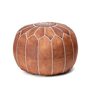Brown Round Moroccan Leather Ottoman Pouf