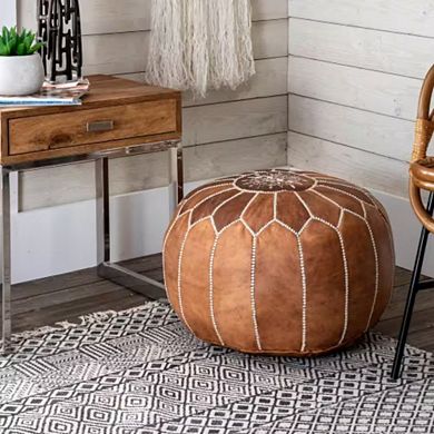 Brown Round Moroccan Leather Ottoman Pouf