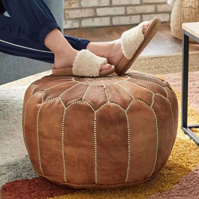 Brown Round Moroccan Leather Ottoman Pouf