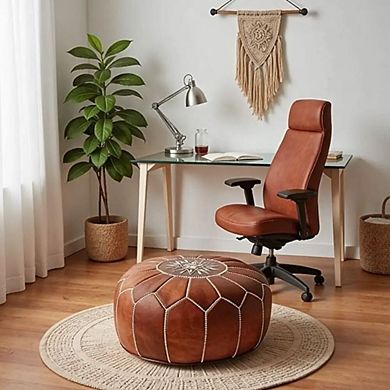 Brown Round Moroccan Leather Ottoman Pouf
