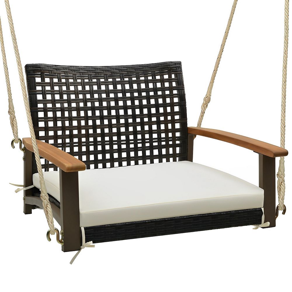 White Single Rattan Porch Swing with Armrests and Cushion