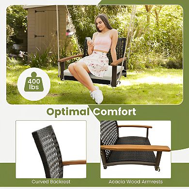 White Single Rattan Porch Swing with Armrests and Cushion