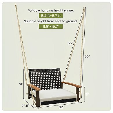 White Single Rattan Porch Swing with Armrests and Cushion