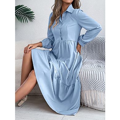 Women's Casual Long Sleeve Shirt Dress Button Down Collared Tiered Ruffle Midi Dress