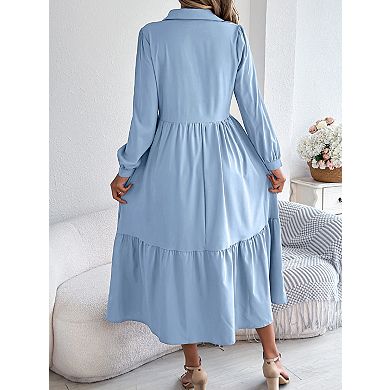 Women's Casual Long Sleeve Shirt Dress Button Down Collared Tiered Ruffle Midi Dress