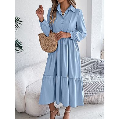 Women's Casual Long Sleeve Shirt Dress Button Down Collared Tiered Ruffle Midi Dress