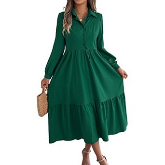 Women's Casual Long Sleeve Shirt Dress Button Down Collared Tiered Ruffle Midi Dress