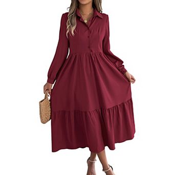 Women's Casual Long Sleeve Shirt Dress Button Down Collared Tiered Ruffle Midi Dress