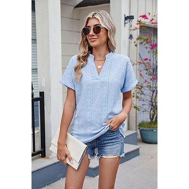 Women's Jacquard V Neck T Shirts Short Sleeve Loose Fit Casual Blouses