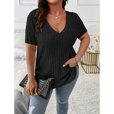 Plus Size V Neck Ribbed T Shirts for Women Short Sleeve Casual Tops