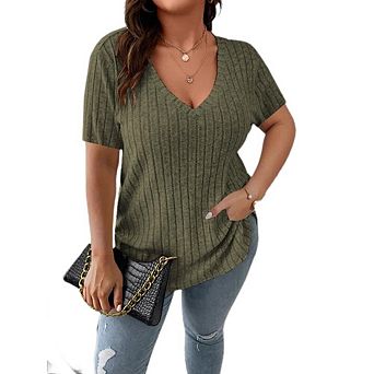 Plus Size V Neck Ribbed T Shirts for Women Short Sleeve Casual Tops