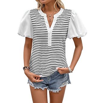 Women's Casual Short Sleeve Striped T-Shirt Patchwork Bubble Sleeve Top
