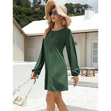 Women's Casual Long Sleeve Henley Dress with Drawstring Balloon Sleeves, Buttoned Neck Shift Dress