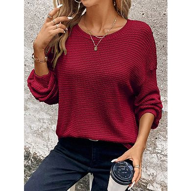 Women's Waffle Knit Crew Neck Sweatshirt Drop Shoulder Long Sleeve Loose Fit Loungewear Top