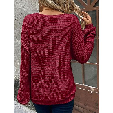 Women's Waffle Knit Crew Neck Sweatshirt Drop Shoulder Long Sleeve Loose Fit Loungewear Top