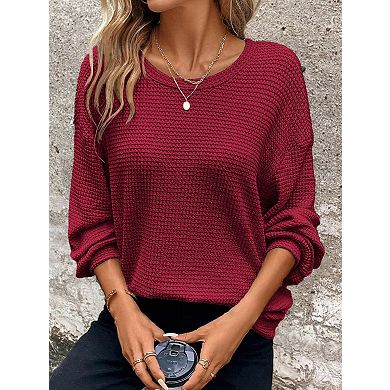 Women's Waffle Knit Crew Neck Sweatshirt Drop Shoulder Long Sleeve Loose Fit Loungewear Top