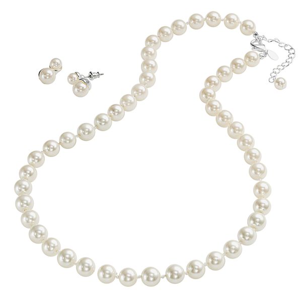 Silver Tone Simulated Pearl Necklace & Drop Earring Set