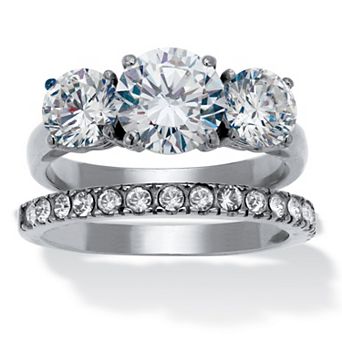 3.96 TCW 3-Stone Round Cubic Zirconia Stainless Steel Bridal Set