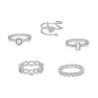 SO® 5 pc Silver Tone Heart Ring Set