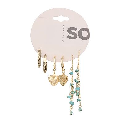 SO® 3-Pair Gold Tone Hoop & Dangle Earring Set