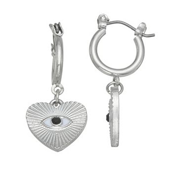 SO® Silver Tone Evil Eye Heart Hoop Earrings