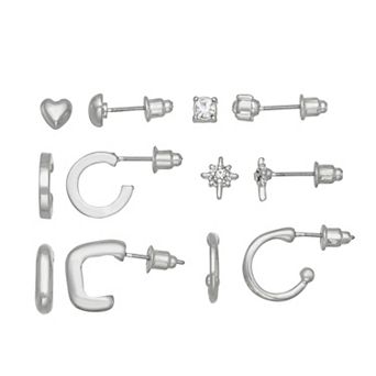 SO® 6-Pair Silver Tone Stud & Hoop Earring Set
