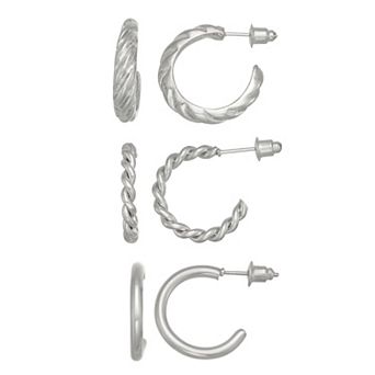 SO® 3-Pair Silver Tone Hoop Earring Set