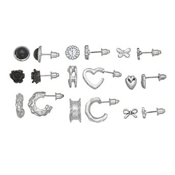 SO® 9-Pair Silver Tone Mixed Stud & Hoop Earring Set
