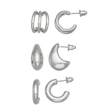 SO® 3-Pair Silver Tone Hoop Earring Set