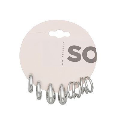 SO® 3-Pair Silver Tone Hoop Earring Set