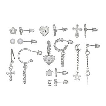 SO® 9-Pair Silver Tone Stud & Hoop Earring Set